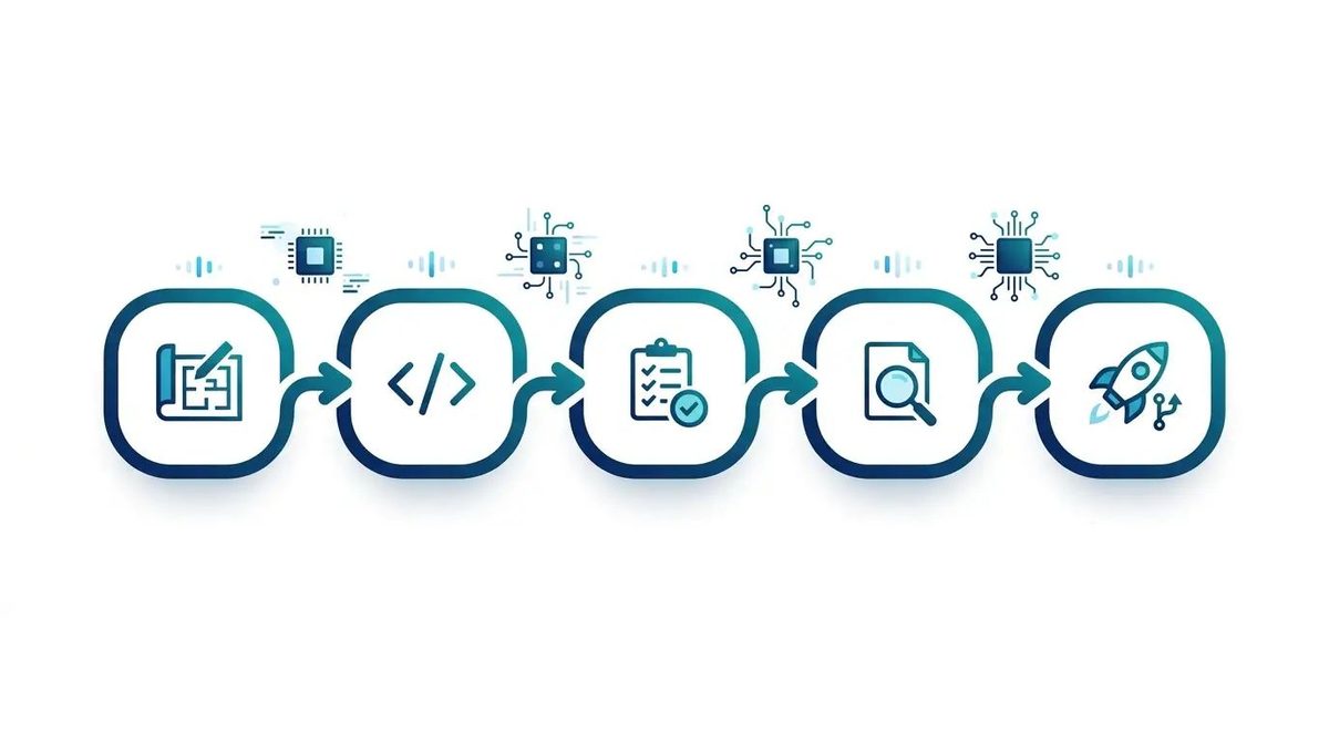 Cinco etapas encadeadas do ciclo do software — planejar, codificar, testar, revisar e publicar — cada uma assistida por um chip de IA