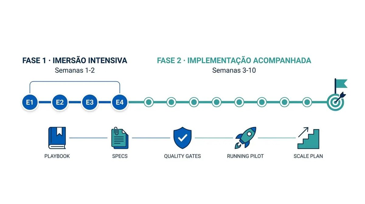 Linha do tempo do programa: fase 1 de imersão com os encontros E1 a E4 nas semanas 1 e 2, seguida da fase 2 de implementação acompanhada até a semana 10, com entregáveis playbook, specs, quality gates, piloto e plano de escala